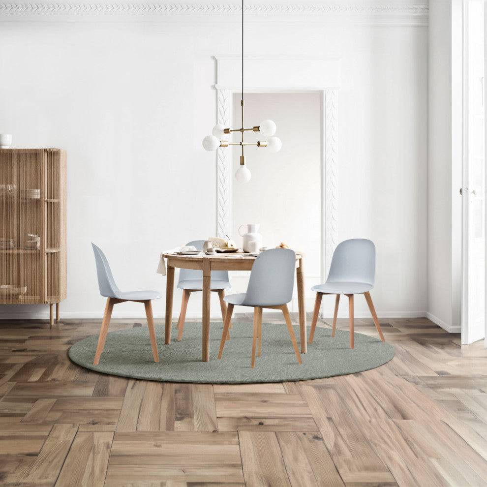 Set of 4 Modern Dining Side Chairs Molded Plastic With Round Back Wooden Legs, Gray