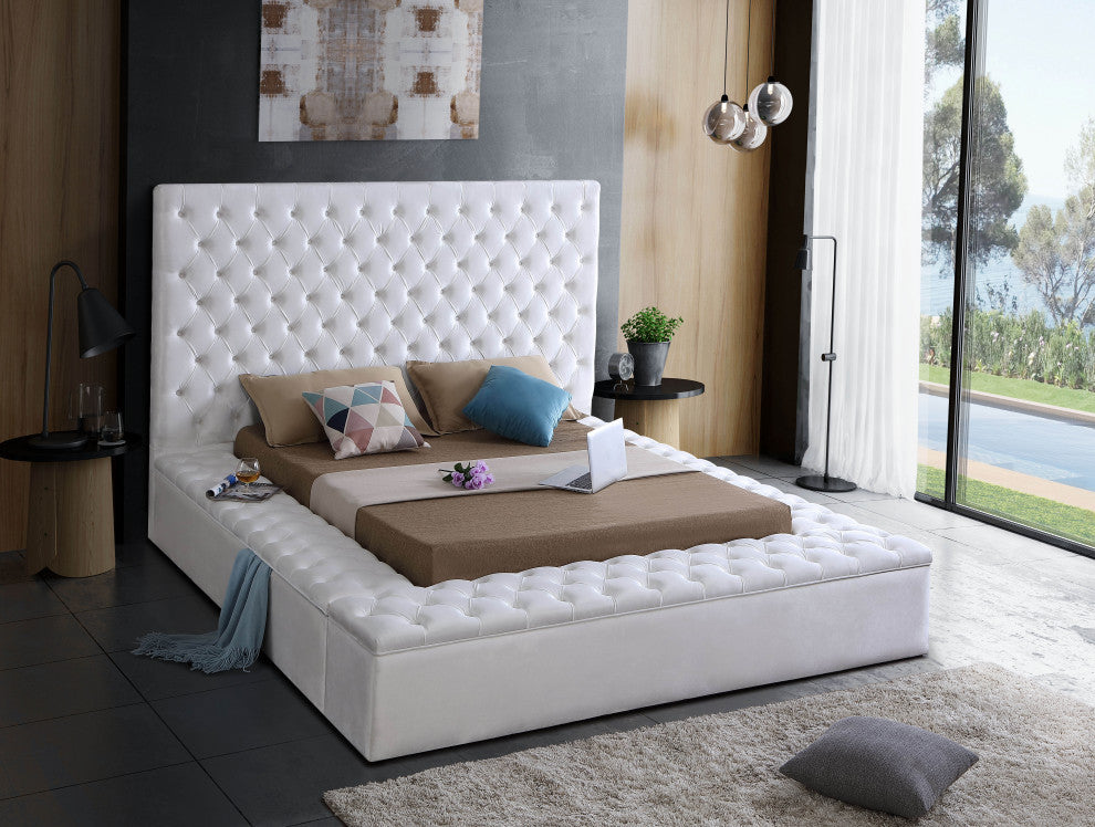 Bliss Velvet Upholstered  Bed, White, Full