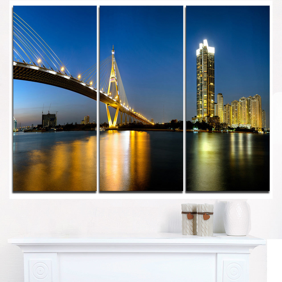 "Lit-up Bhumibol Bridge at Dusk" Metal Wall Art, 3 Panels, 36"x28"