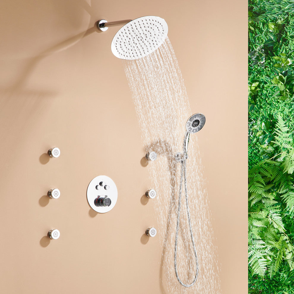 12" Luxury Shower System Set with Handheld Spray & 6 Body Jets, Chrome