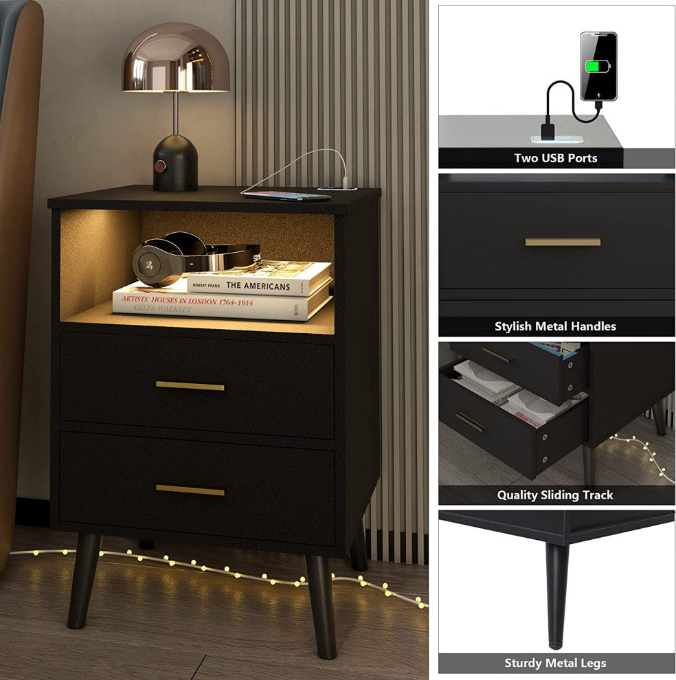 Nightstand Set of 2 with Charging Station, LED Nightstands with Open Shelf, Rust