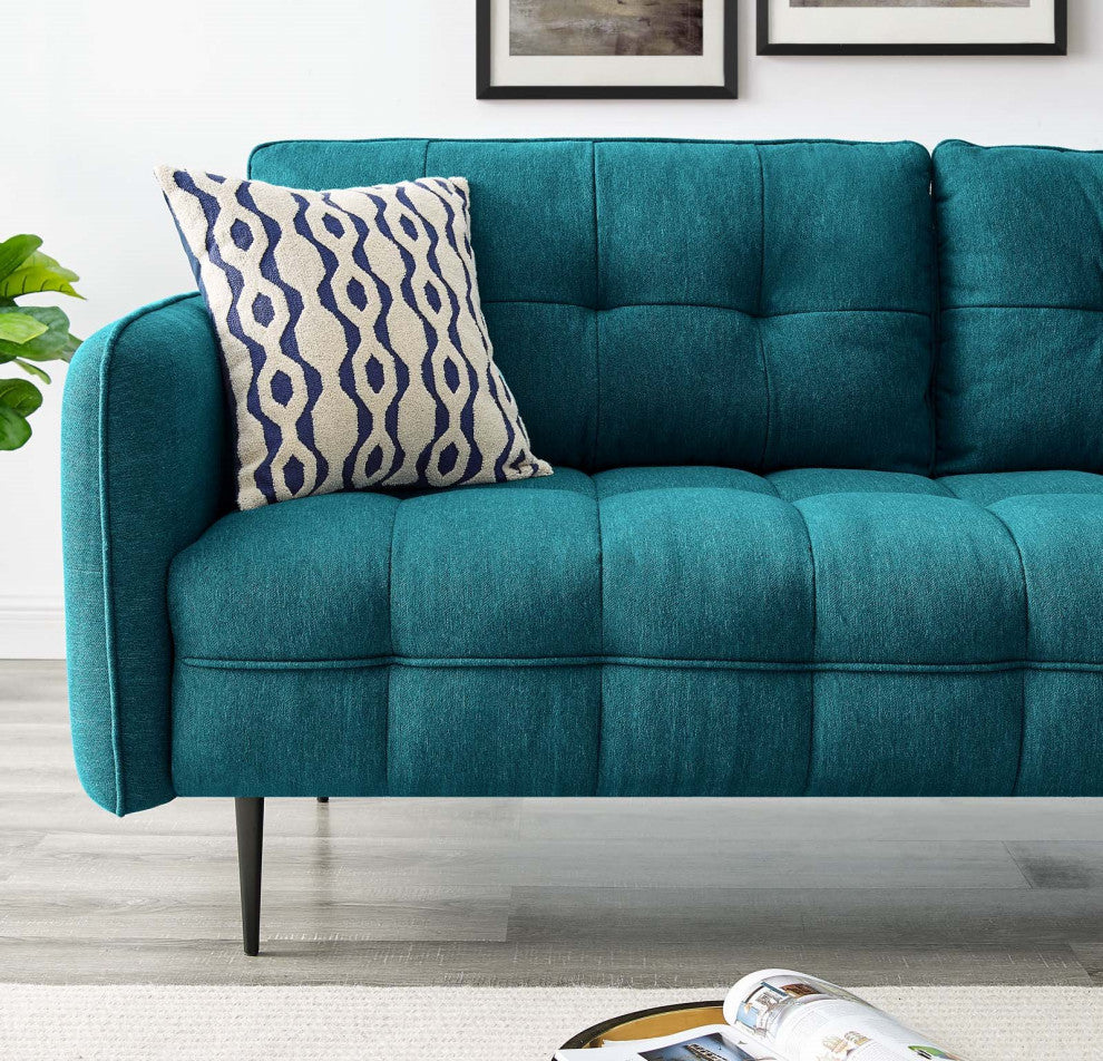 Tufted Sofa, Fabric, Teal Blue, Modern, Living Lounge Hotel Lobby Hospitality