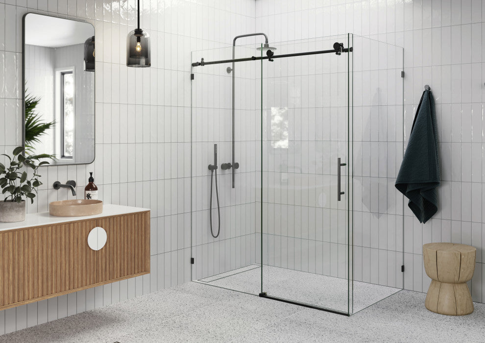 56"-60"x34"x78" Frameless Sliding Shower Door With Return Panel, Matte Black