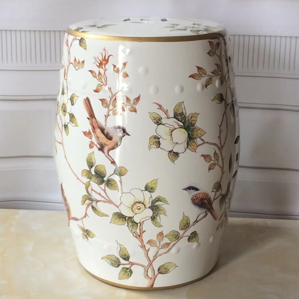 White Garden Stool with Floral and Bird Motif