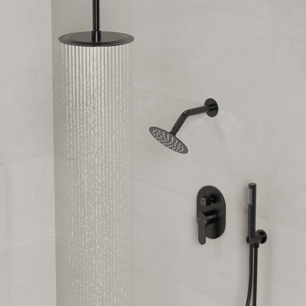 Dual Heads 10" & 6" Rainfall Shower Facuet With Handheld Shower, Matte Black