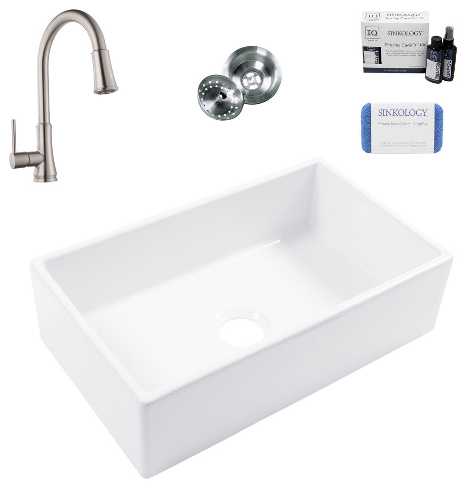 Turner White Fireclay 30" Single Bowl Farmhouse Undermount Kitchen Sink Kit