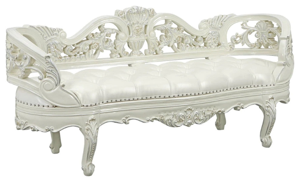 Benzara BM275671 Classic Ornate Carved Bench With Padded Cushion, Wood, White