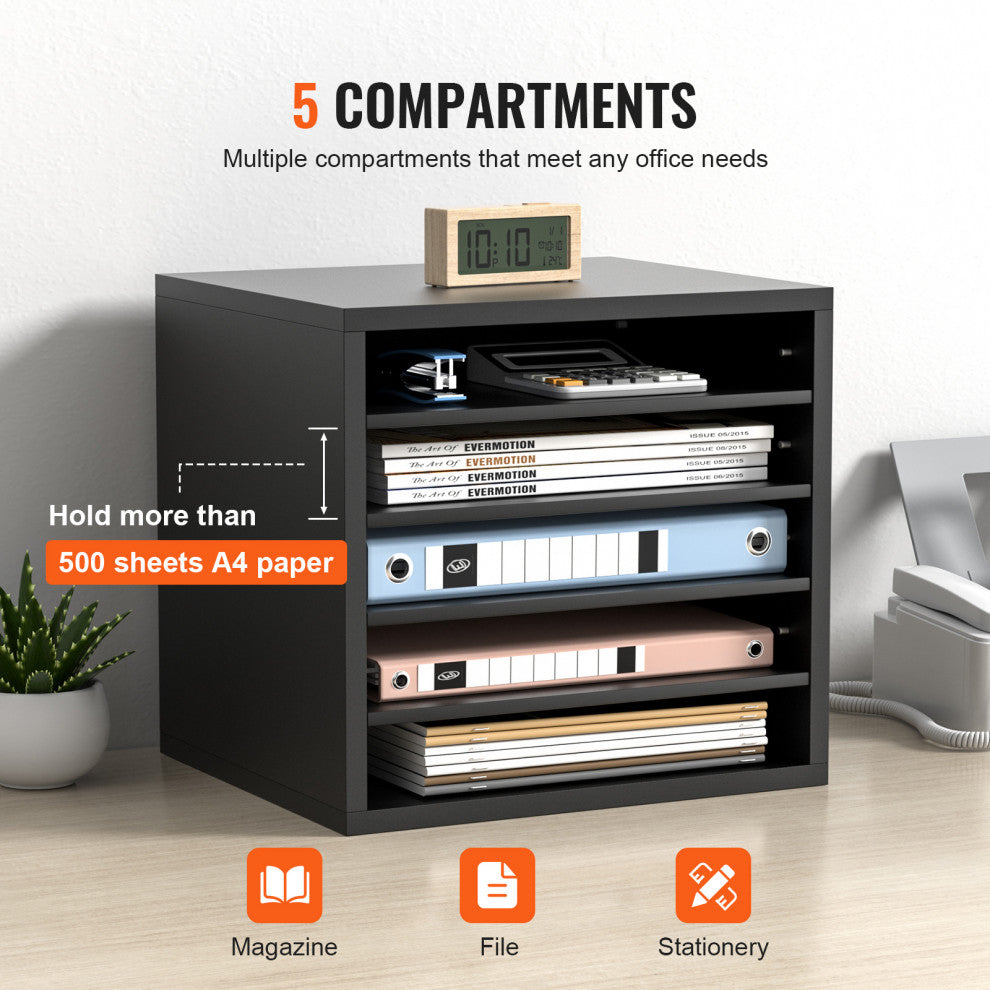 5 Compartments Wood File Organiser Office Mailbox with Adjustable Shelves, Black