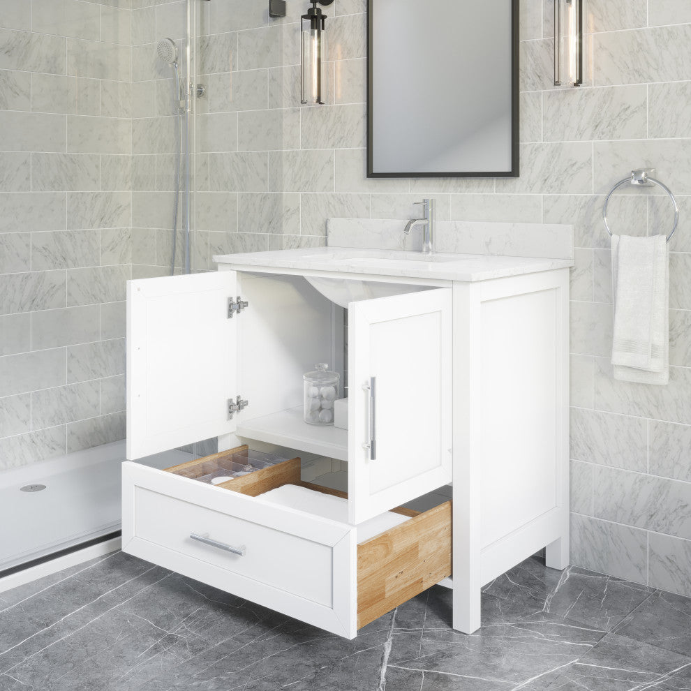 Boulder 36" Single Bathroom Vanity, White With Engineered Stone Top