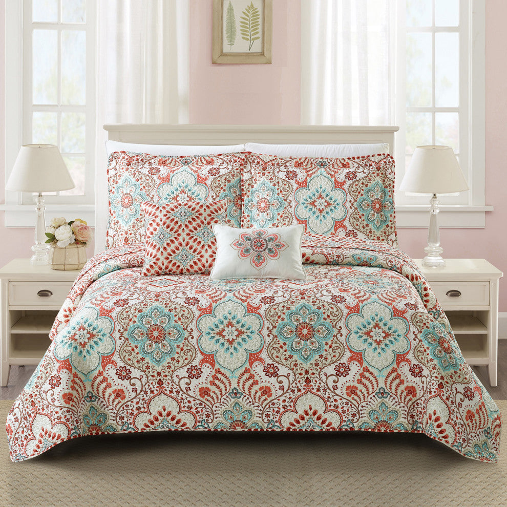Bennington Damask 5 Piece Quilted Set, Coral, Queen (90"x90")