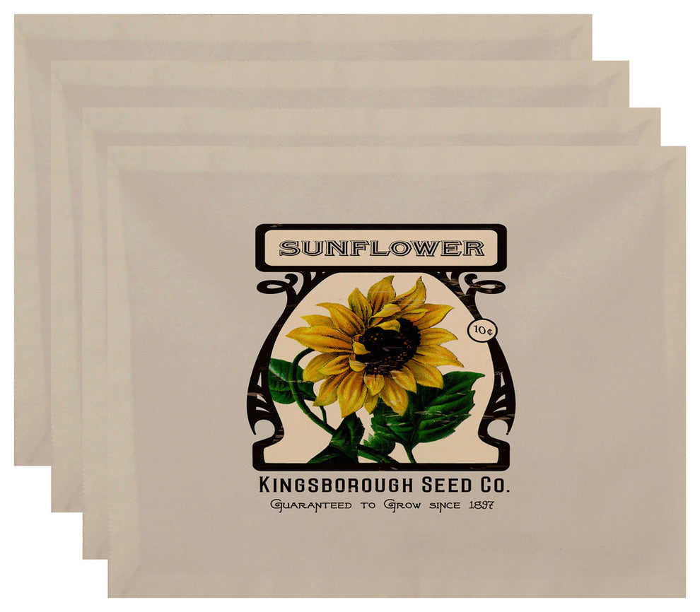 18"x14" Sunflower, Floral Print Placemat, Cream And Ivory, Set of 4