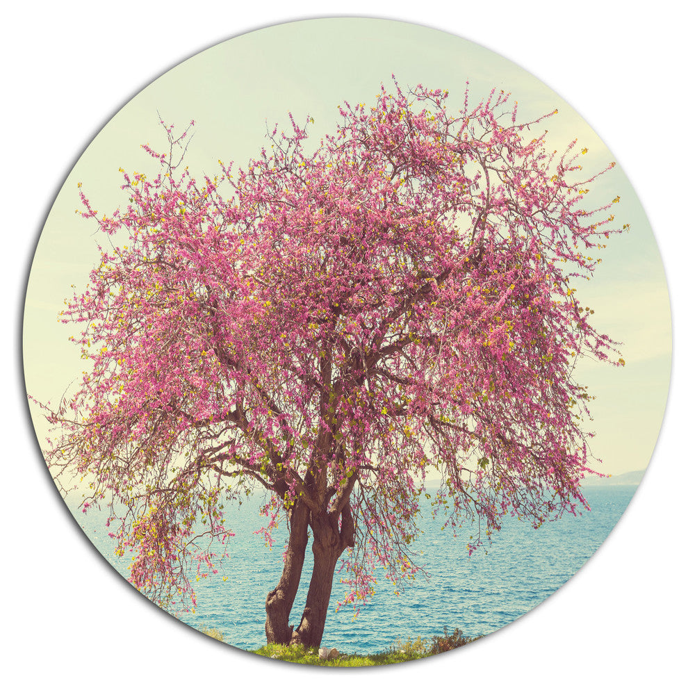 Pink Flowers On Lonely Tree, Landscape Round Wall Art, 36"