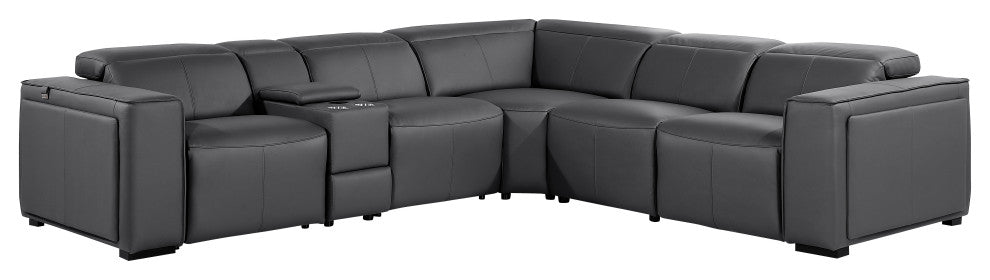 Niccolo Top Grain Italian Leather 6-Piece L-Shaped Power Reclining Sectional, Dark Grey