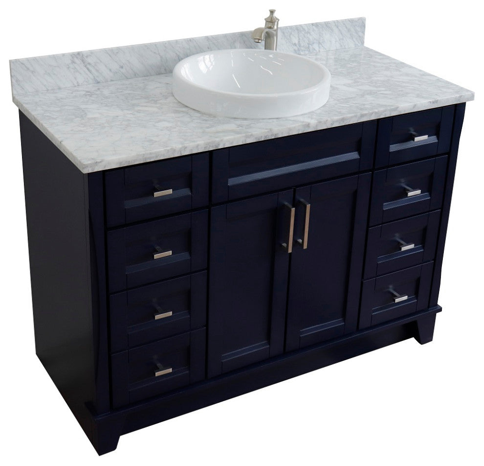 49" Single Sink Vanity, Blue Finish With White Carrara Marble And Round Sink