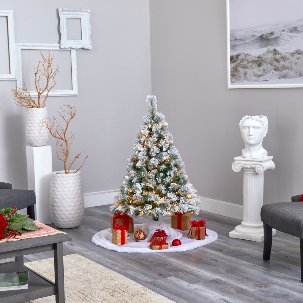 Nearly Natural 4ï¿½Flocked Oregon Pine Artificial Christmas Tree /100 Clear Lights