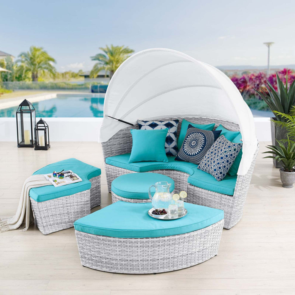 Daybed Sofa Bed, Sunbrella, Gray Blue, Rattan, Wicker, Outdoor Patio