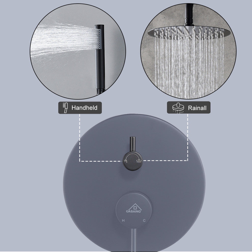CASAINC 10" Round Wall Mounted Luxury Rain Shower System with Handheld Spray, Matte Black