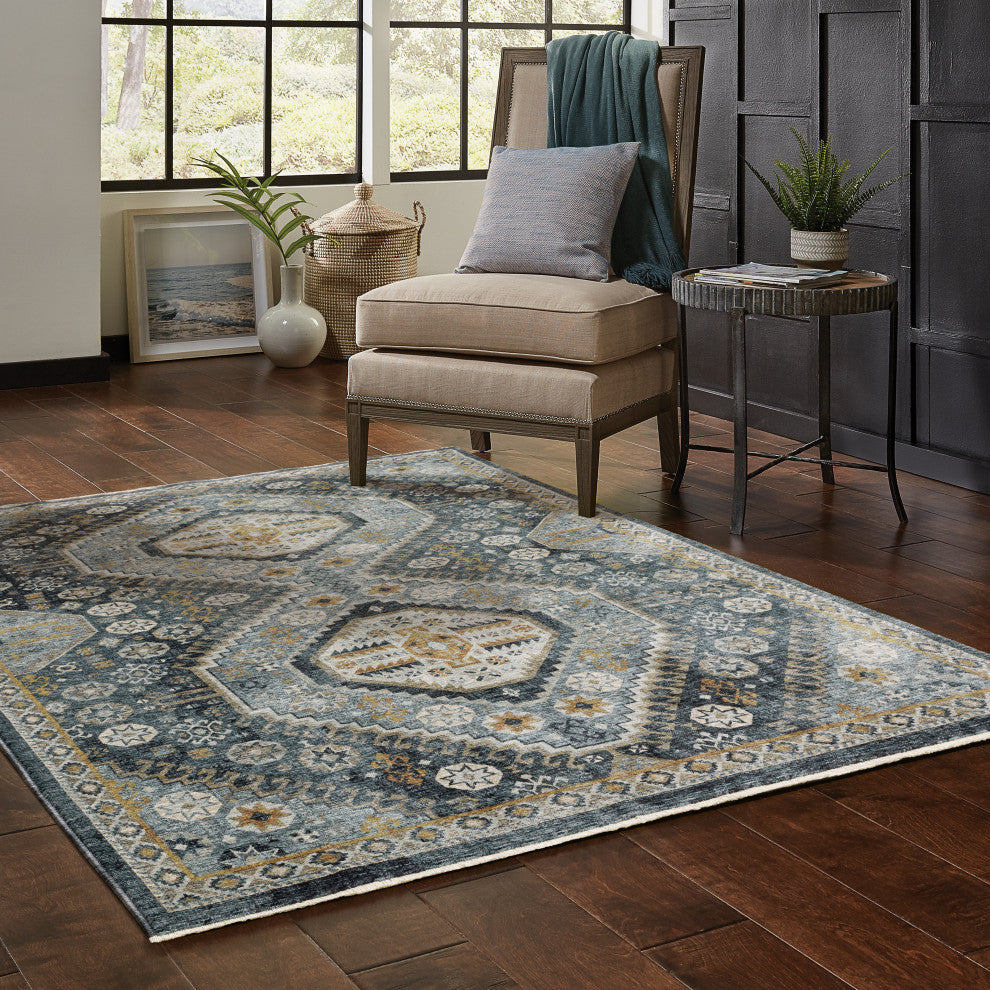 Augustus Tribal Medallions Blue/ Gold Indoor Area Rug, Blue, 3'3"x5'