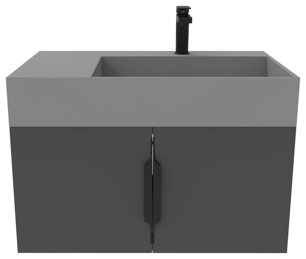 CastelloUSA Amazon 30" Right Wall Mounted Bathroom Vanity Set, Black, Gray Top, Black Handles