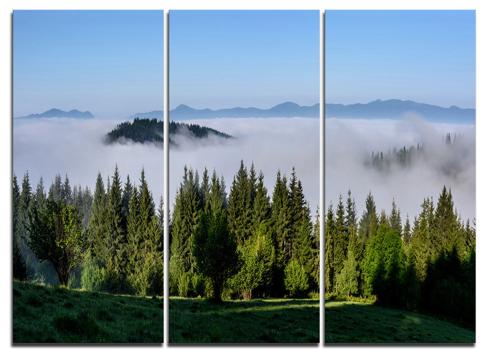 "Green Trees and Fog Over Mountains" Wall Art, 3 Panels, 36"x28"