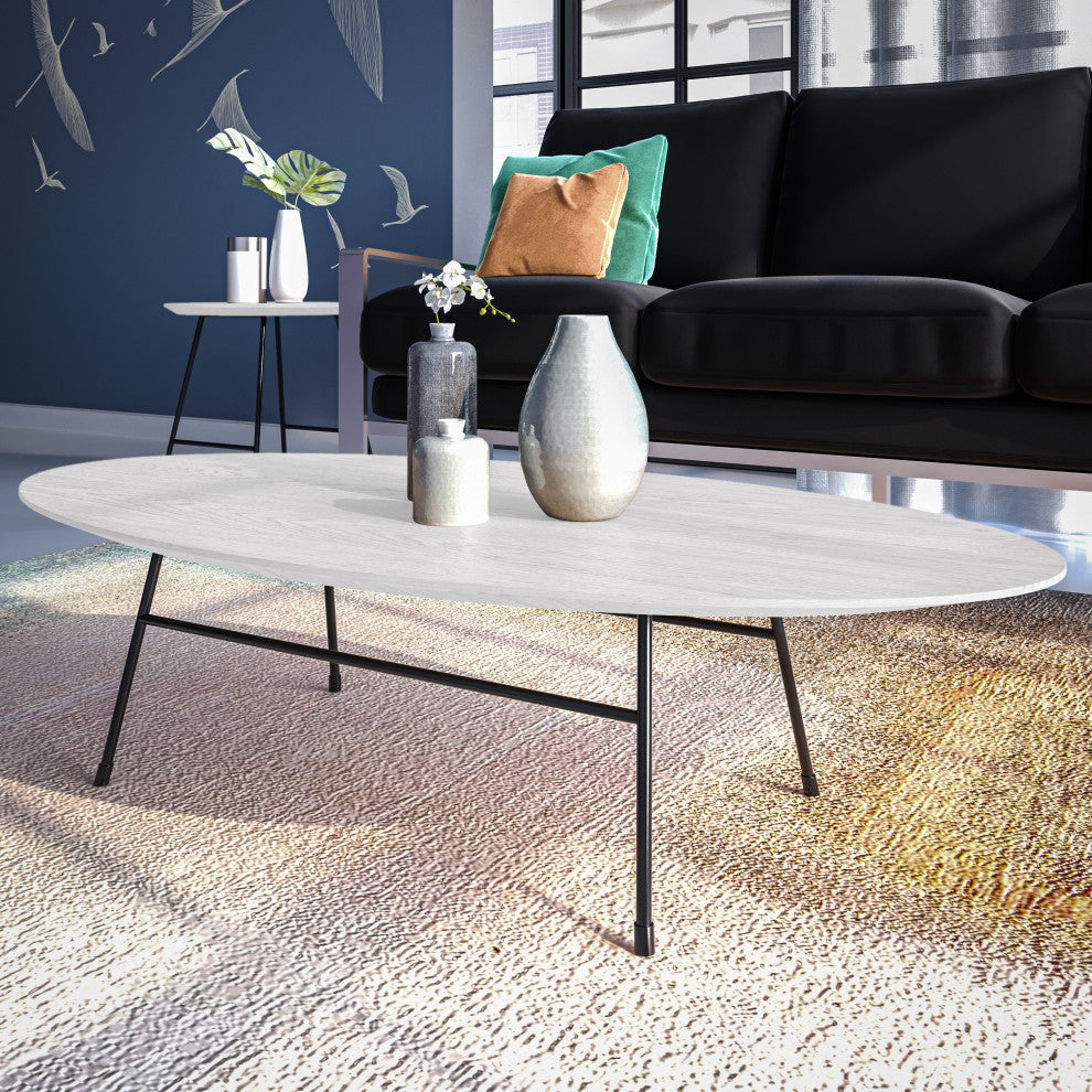 LeisureMod Rossmore Oval Coffee Table with Black Steel Frame, White