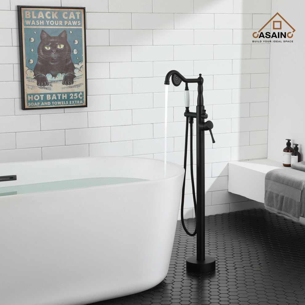 Single Handle Classical Freestanding Bathtub Faucet with Hand Shower Hand, Matte Black