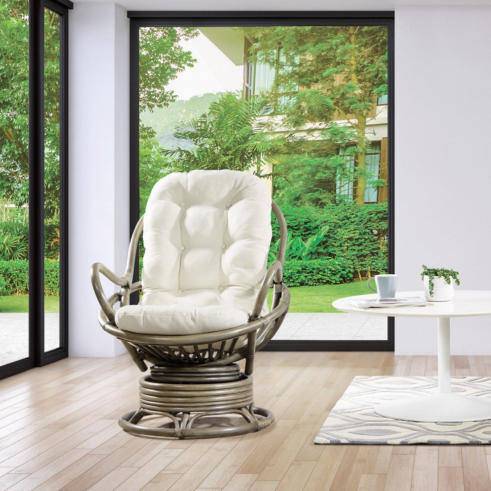 Tahiti Rattan Swivel Rocker Chair, White Fabric With Gray Frame