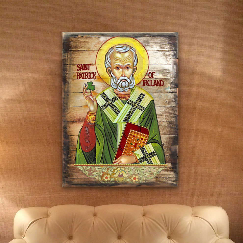 Icon Saint Patrick Wall Art On Wood, 16 Inch