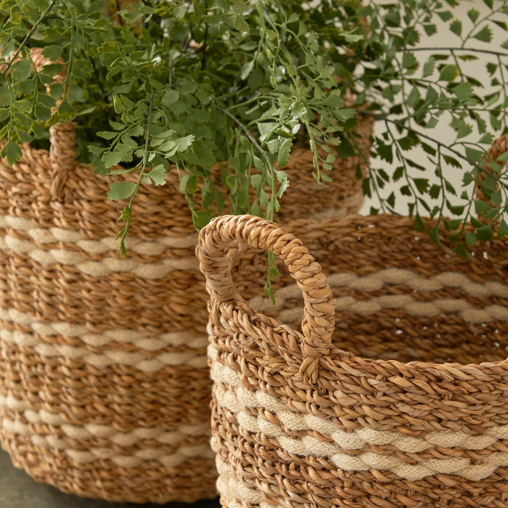 Seagrass & Jute Round Baskets With Handles, Set of 3