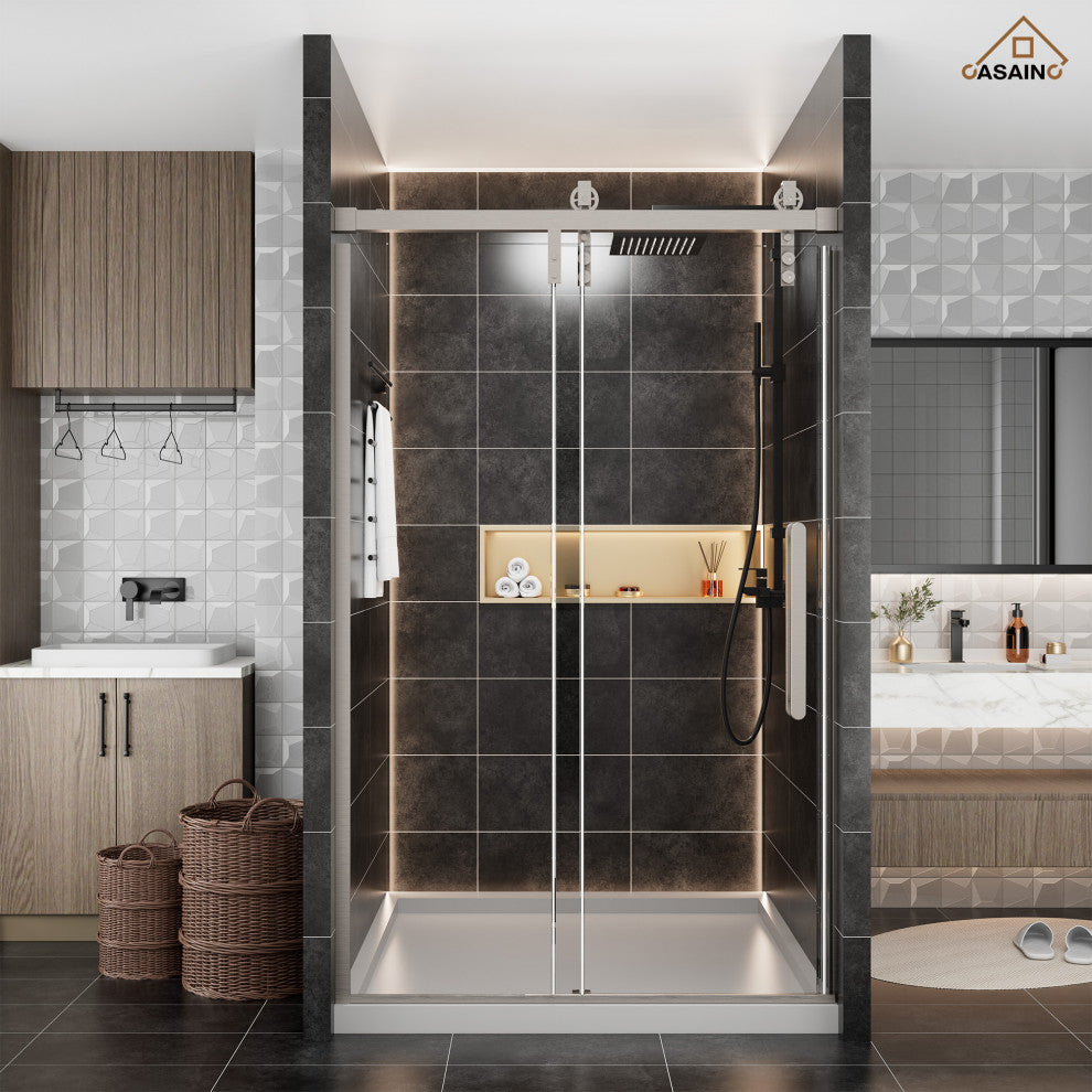 47-in to 48-in x 76-in Frameless Sliding Shower Door, Brushed Nickel
