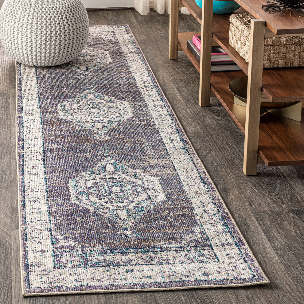 Ankara Vintage Medallion Area Rug, Gray/Ivory, 2x8