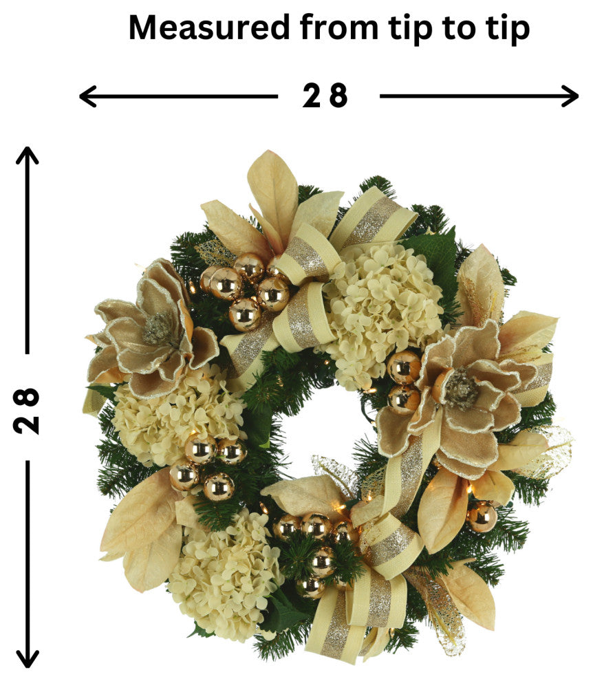 28" Evergreen Holiday Wreath with Hydrangeas, Magnolias, Bows and Lights