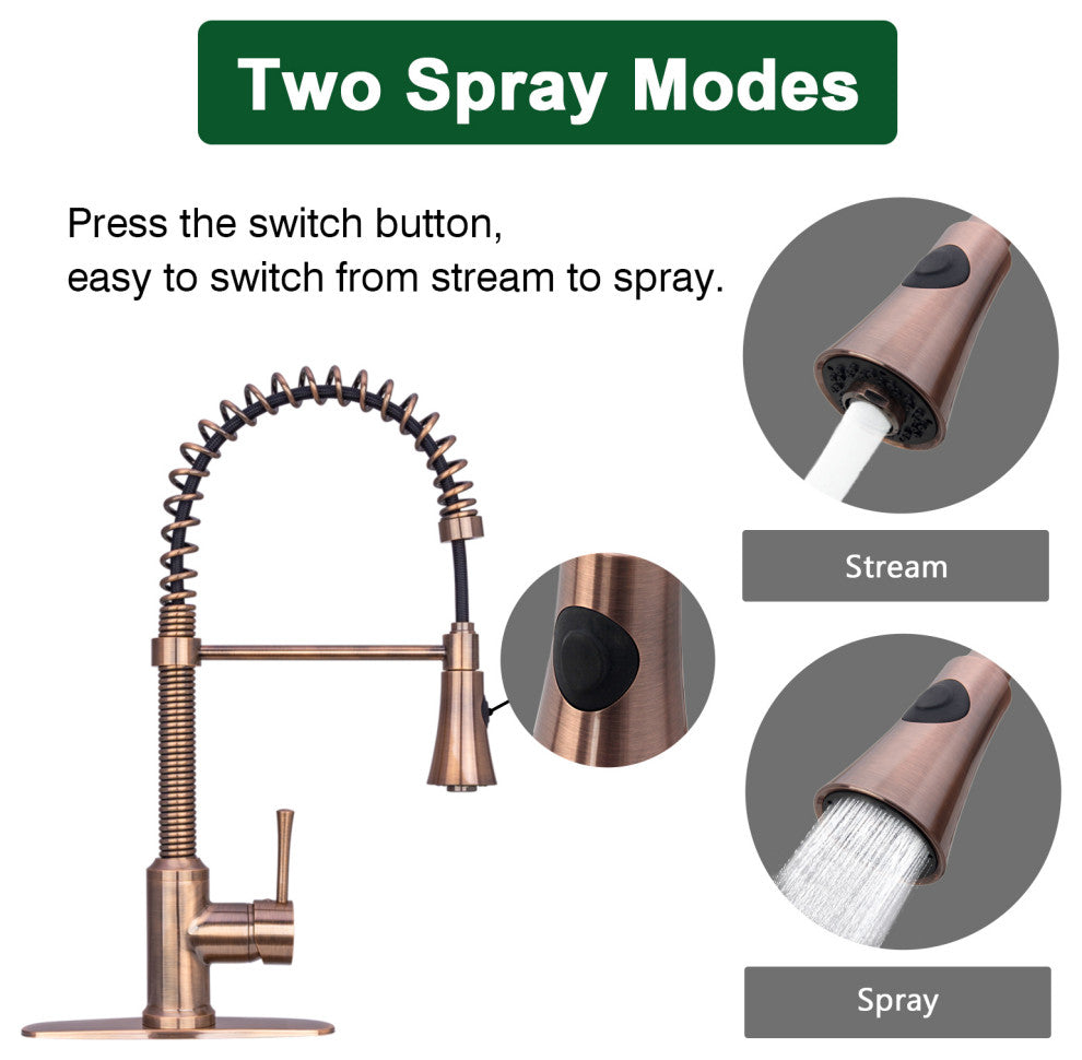 Copper Pre-Rinse Spring Kitchen Faucet with Pull Down Sprayer, Antique Copper