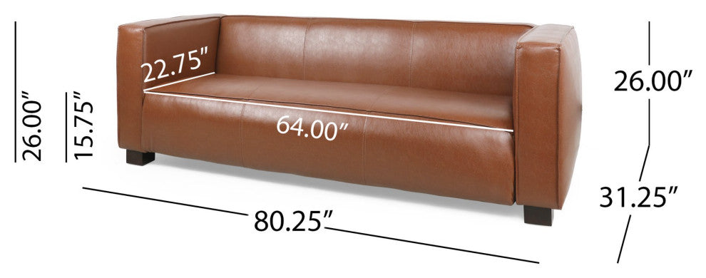 Contemporary Sofa, Faux Leather Upholstered Seat With Tuxedo Arms, Cognac Brown