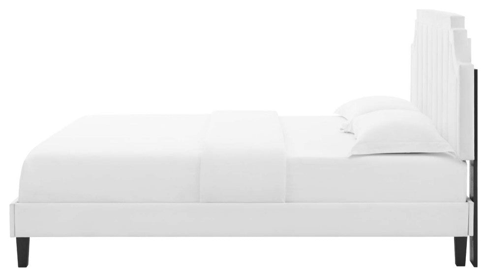 Platform Bed Frame, King Size, Velvet, White, Modern Contemporary, Bedroom