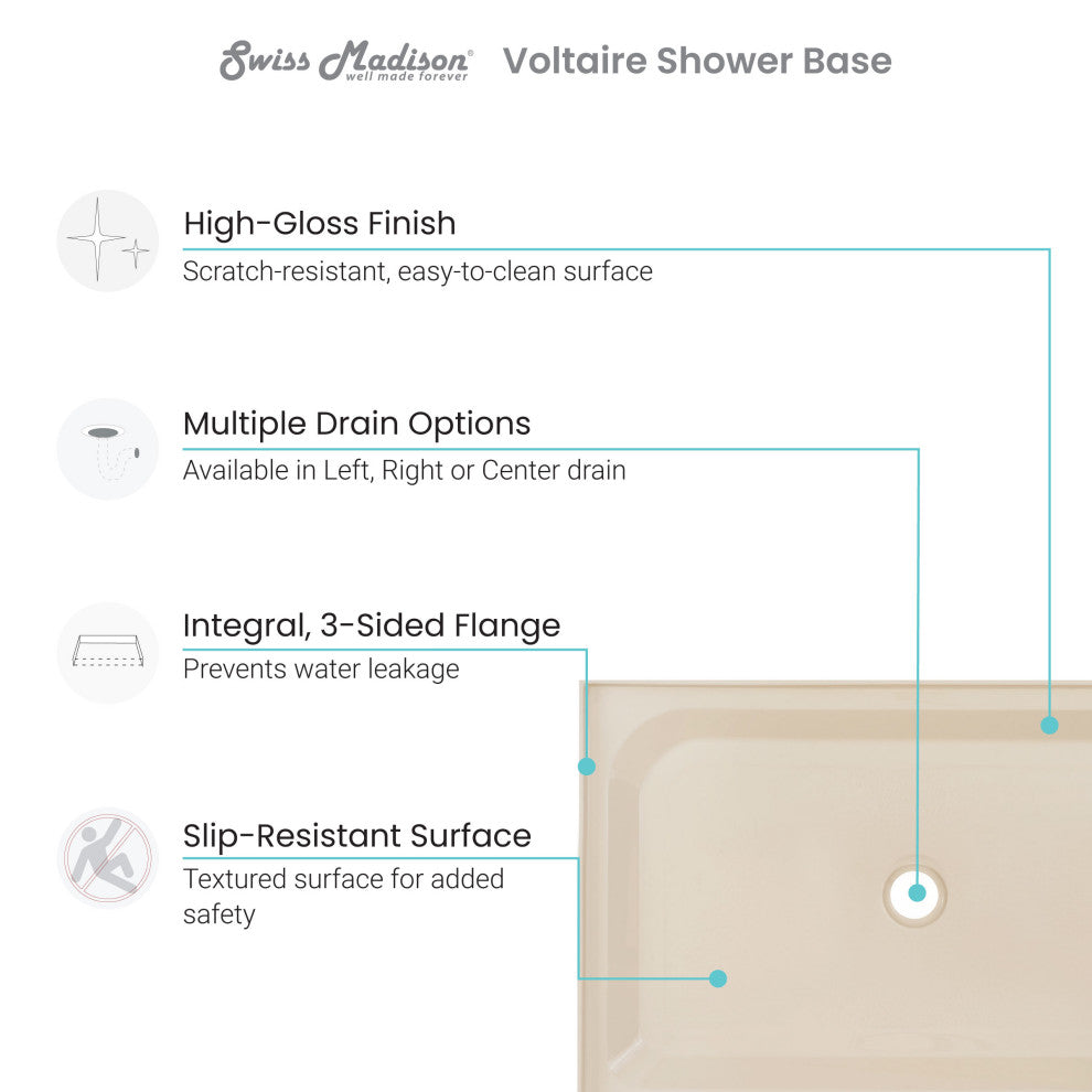 Voltaire 48"x32" Single-Threshold, Center Drain, Shower Base, Biscuit