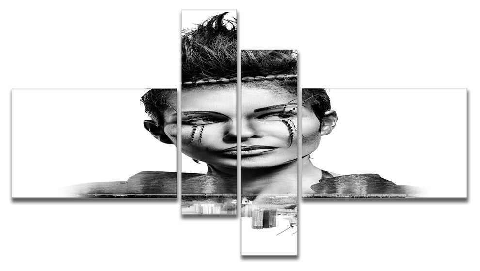 Double Exposure Woman With Hair, Portrait Canvas Art Print, 60"x32", 4 panels