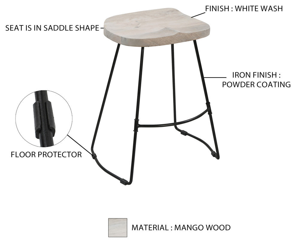 24" Backless Counter Stool Whitewashed Mango Wood Saddle Seat Black Metal