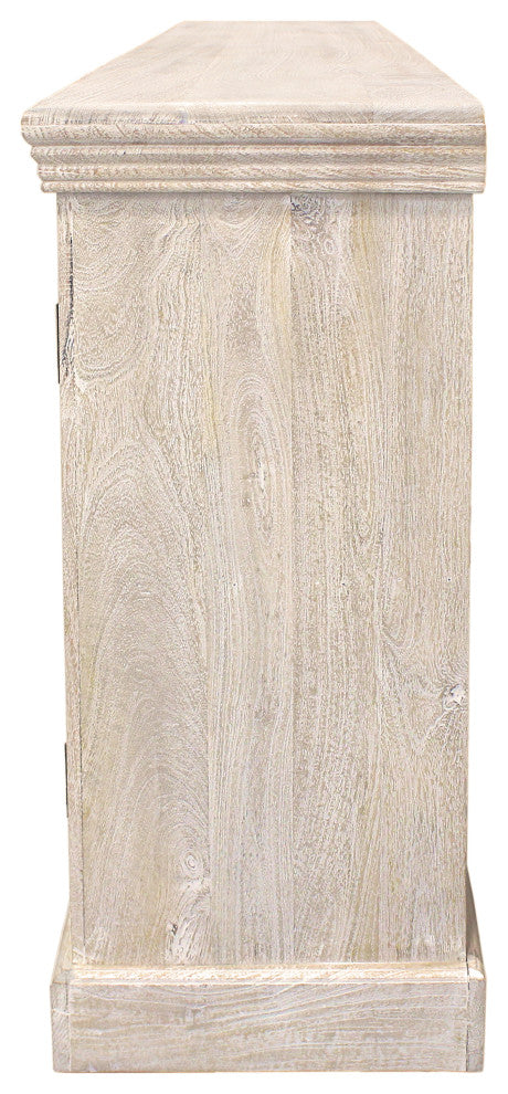 Tropez 8-Door Solid Wood Sideboard With Glass Panels, Distressed White Finish