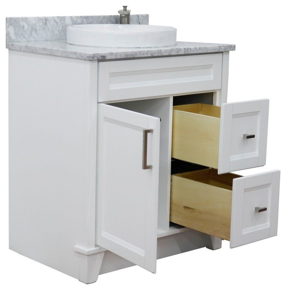 31" Single Sink Vanity, White Finish With White Carrara Marble With Round Sink