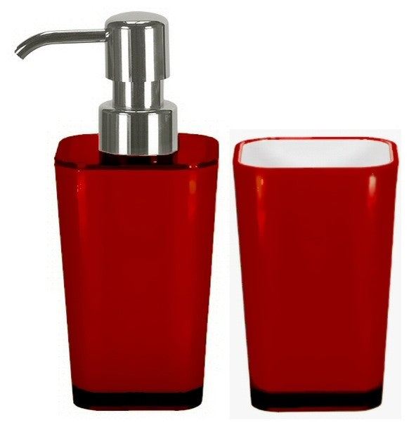Bathroom Accessories Set, 2 Pieces, Liquid Soap Dispenser and Tumbler, Red