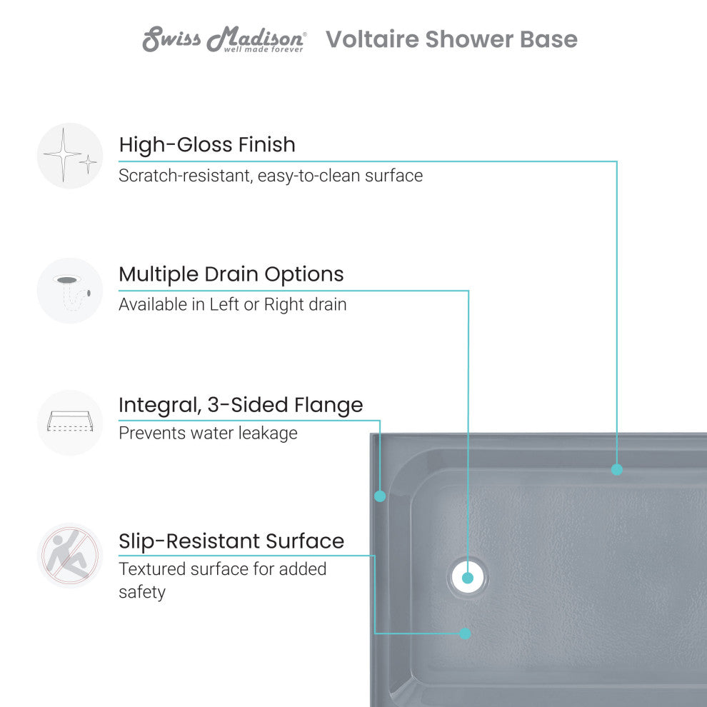 Voltaire 48"x36" Single-Threshold, Center Drain, Shower Base, Gray