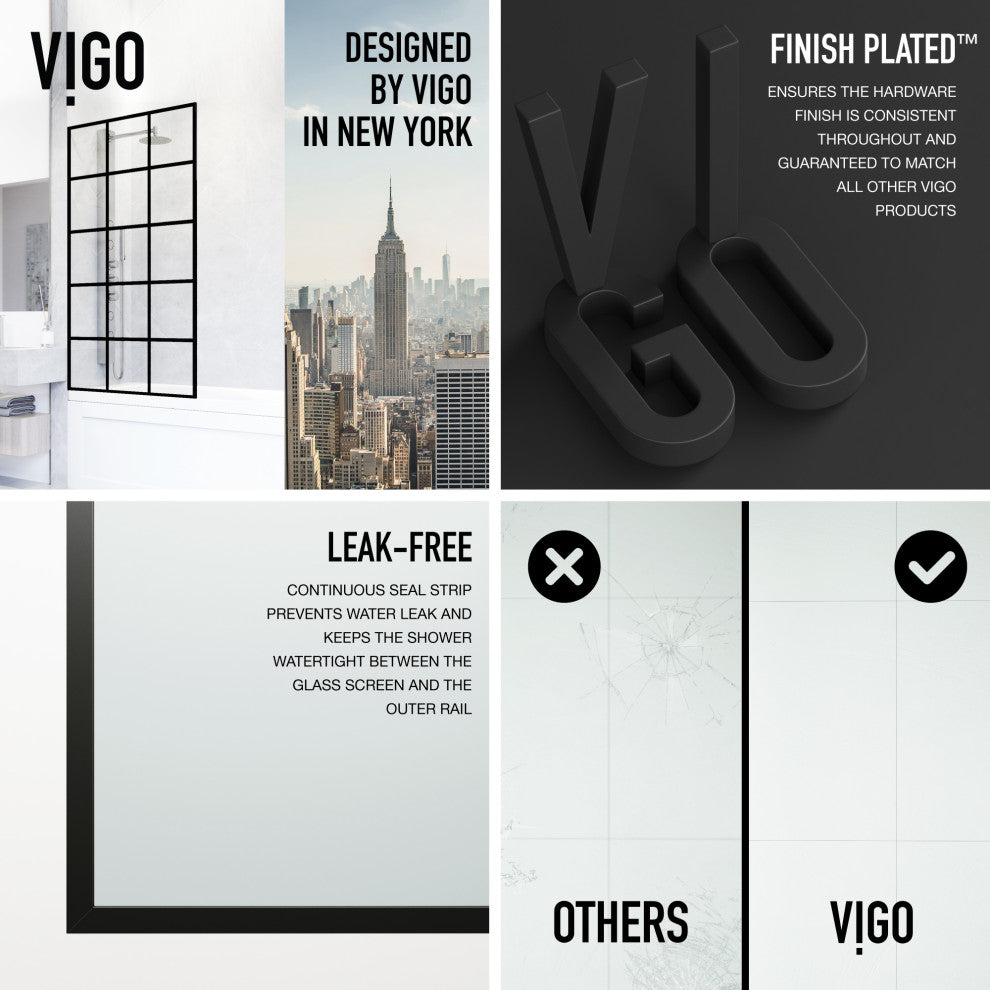 VIGO Mosaic Framed Fixed, Matte Black, Tub Screen, 34" W X 62" H, Clear Glass