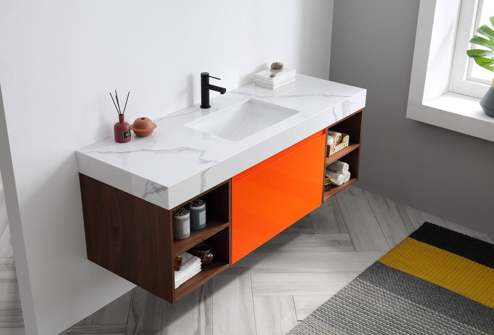 Manarola Red Amber with Thick Quartz Wall Mount Vanity, Open Shelf, 60"