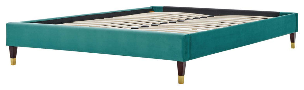 Platform Bed Frame, Full Size, Velvet, Teal Blue, Modern Contemporary, Bedroom