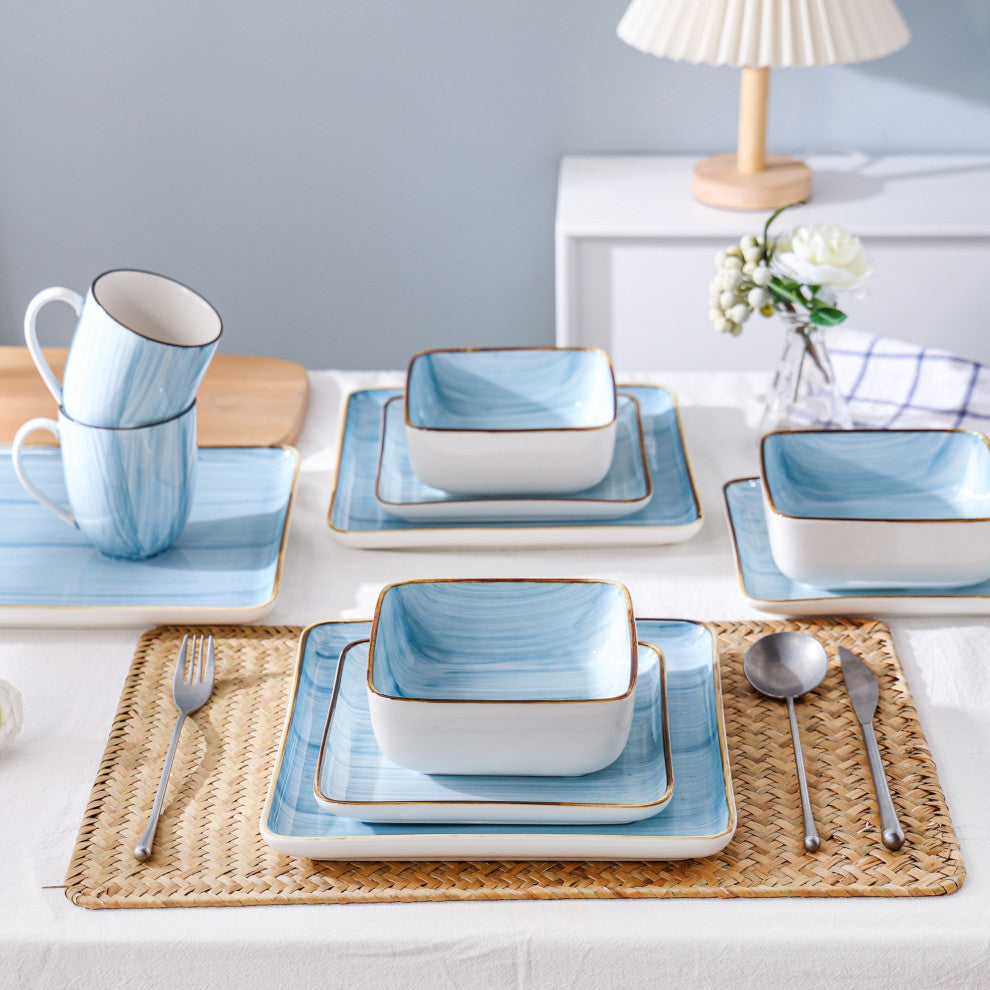 Stone Lain Esmeralda Porcelain 16 Piece Dinnerware Set, Light Blue