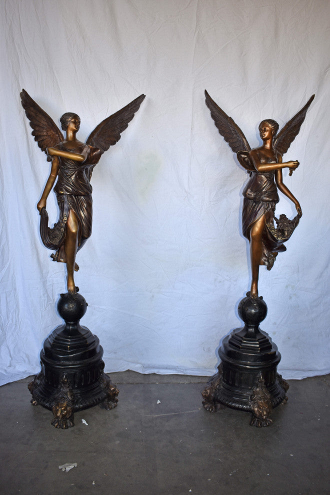 A Pair of Angels of Fortune Bronze Statues Size: 27" x 27" x 69"H