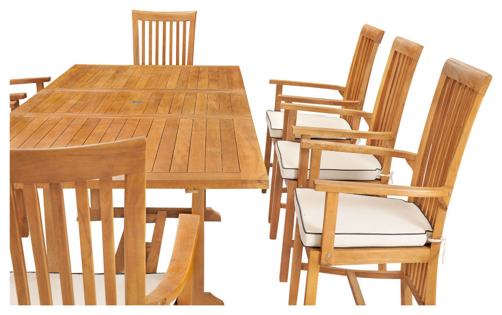 9 Piece Teak Wood Balero Outdoor Patio Dining Set, Rectangle Table, 8 Arm Chairs