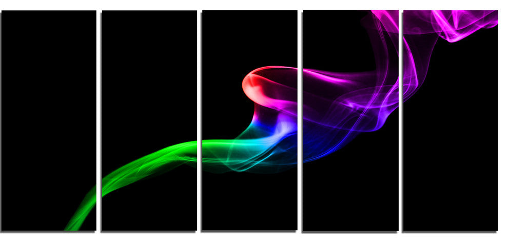 Colorful Fractal Fire Design on Black, Abstract Canvas Art, 60"x28", 5 Panels