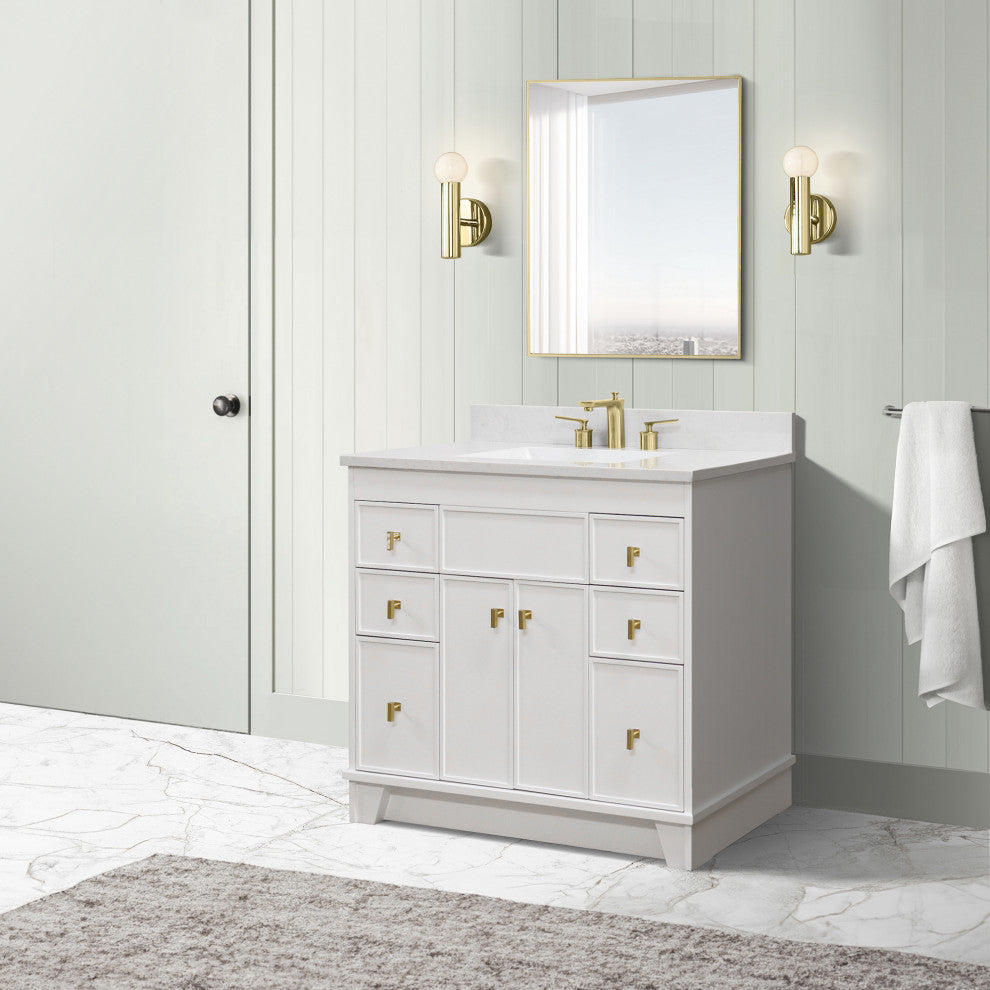 39" Single Sink Vanity, White Finish With Engineered Stone Top
